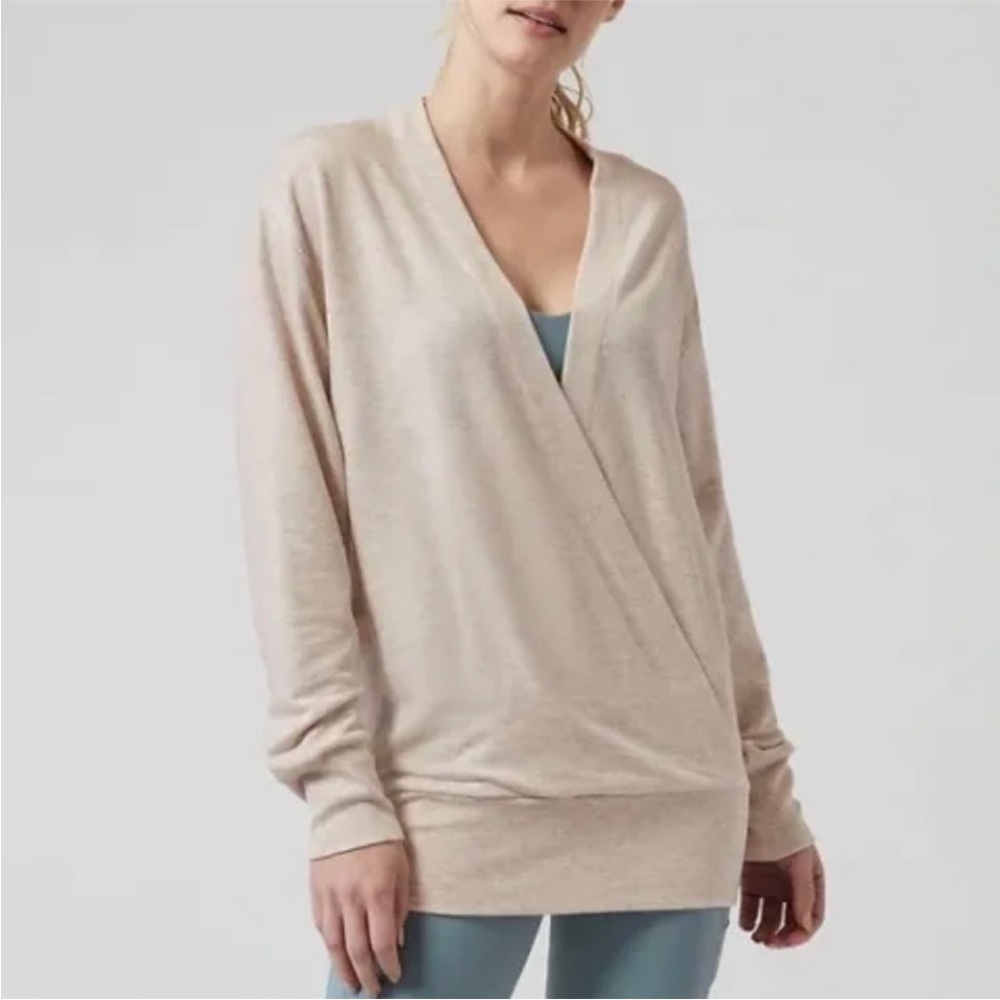 Athleta Purana V Neck Wrap Sweatshirt Sz XS Toasted Brown Heather $79